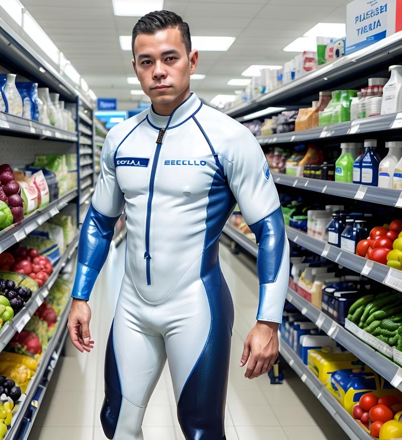 scuba a young pinoy man in a blue white scuba wetsuit, handsome, portrait photo, grocery store LWJS.jpg